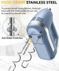 No Drama Electric Hand Mixer Featuring Five Speed Settings And Turbo Boost with stainless steel dough hooks for easy mixing.