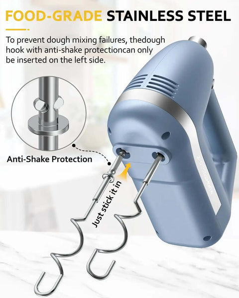 No Drama Electric Hand Mixer Featuring Five Speed Settings And Turbo Boost with stainless steel dough hooks for easy mixing.