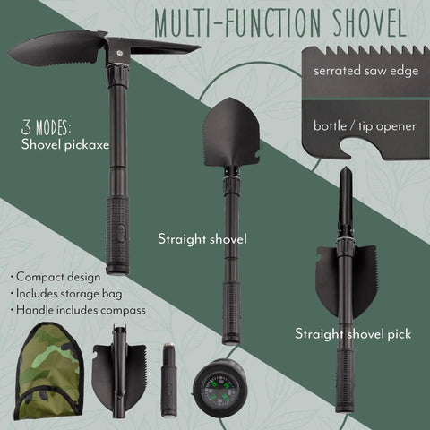 Multi-function shovel with handle compass, serrated saw edge, and storage bag; features Deluxe Rockhound And Rock Mining Kit.