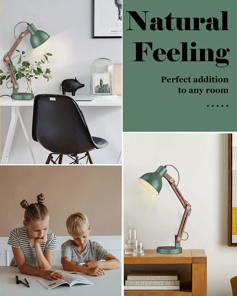 Dope LED Desk Lamp with Wireless Charger and USB C Port Sapele Wood in home office and study, vintage green finish.