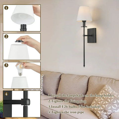 Two Pack Slim Wall Sconces With White Fabric Shades Plug In Or Hardwired Indoor Wall Lights Matte Black Bedside Lanterns installation