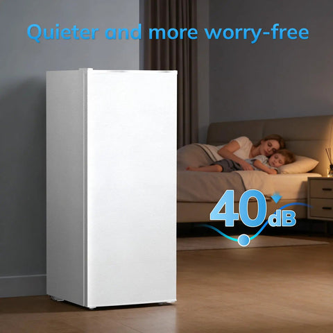Compact Upright Freezer With 6 Cubic Feet Capacity And Seven Temperature Settings in a serene bedroom setting.
