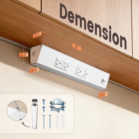 2 Pack 16 Inch Under Cabinet Power Strip With GFCI, 20A Duplex Outlets, USB A And USB C, Angled Receptacles, 2500W Rating