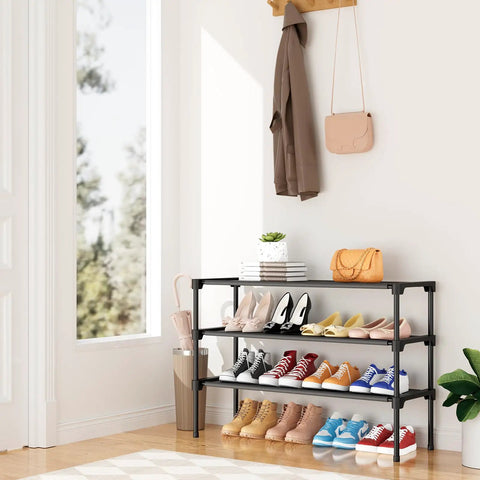 Wide 32.3 Inch 3 Tier Shoe Rack For Entryway And Bedroom Holds 16 Pairs Space Saver Corner Organizer Stackable Metal Frame With Nonwoven Shelves