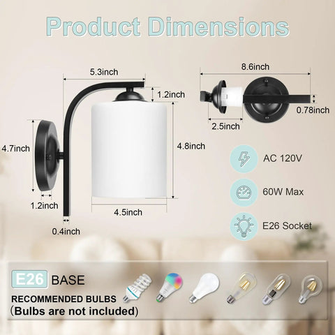 Dope Matte Black Wall Sconce With Milky White Glass Shade modern dimensions and features diagram with bulb types shown