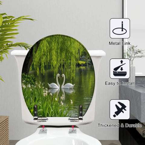 Round Graceful Swans Serene Willow Tree Reflected Calm Pond Toilet Seat on white toilet, showcasing resilient resin design.