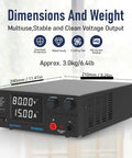Rock Solid Pro Grade Bench DC Power Supply 0-80V 0-15A 1200W Switching Regulated With Encoder Knobs, 4 Digit LED Display, Temperature Controlled Fan, Aux Output Terminal For Flexible Lab Or DIY Power, black metal body with dimensions shown