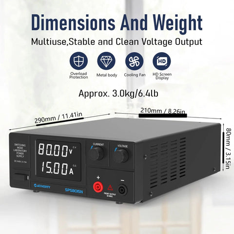 Rock Solid Pro Grade Bench DC Power Supply 0-80V 0-15A 1200W Switching Regulated With Encoder Knobs, 4 Digit LED Display, Temperature Controlled Fan, Aux Output Terminal For Flexible Lab Or DIY Power, black metal body with dimensions shown