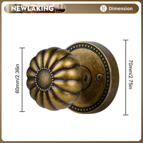 Antique Brass Dummy Door Knob Set for Closet and Pantry Non Turning Interior Door Handles Vintage No Lock Pull Knob for Double Doors Super Easy Install Two Pack, showing dimensions 60mm knob and 70mm plate.