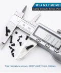 650 Piece Laptop Screw Kit For Replacement And Repair With Miniature Screws Displayed with Caliper M1.4 to M3 Sizes