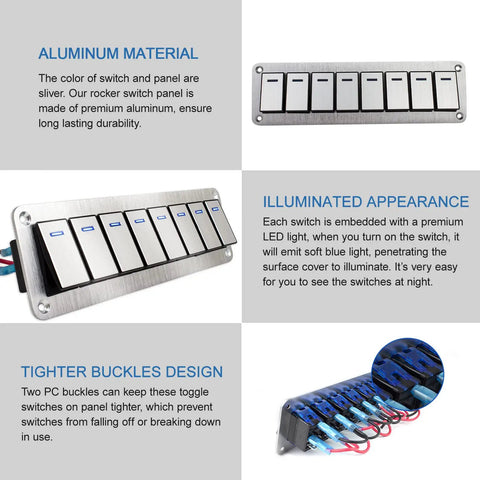 8 Gang Aluminum Rocker Switch Panel Waterproof Toggle Panel For Boat RV Car Automotive Prewired 12V 24V 3 Pin On Off