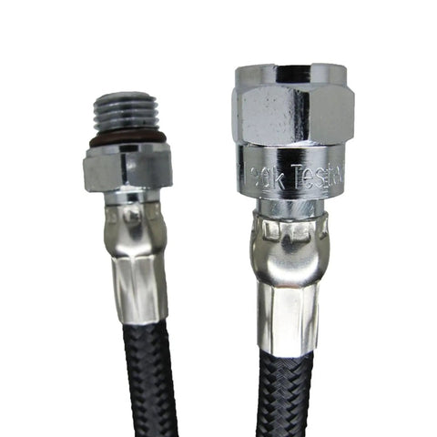 Close-up of 33 Inch Kevlar Nylon Braided High Pressure Dive Hose for First Stage Gauge SPG 5000 PSI, silver metal connectors.