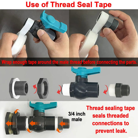 Rain Barrel Spigot Kit With Hole Saw, PVC Bulkhead Fitting, Ball Valve, Thread Seal Tape, And Garden Hose Male Threaded Adapter assembly.