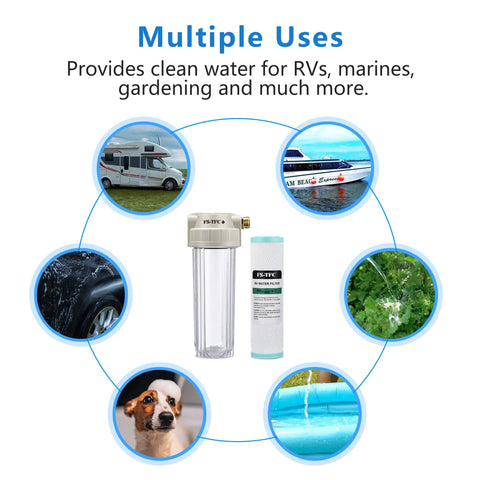 Real Deal Rv Water Filter Kicks Out Chlorine And Lead While Serving Hella Clean Taste Uses A Slick Nsf Certified Carbon Block For Marine Garden And Pet Safe Water image showing various uses for RV and gardening.