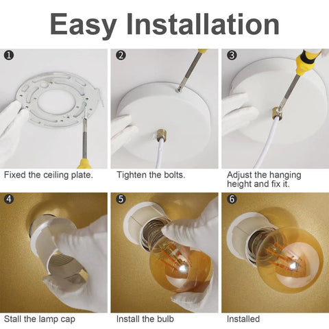 Step-by-step installation guide for rustic white farmhouse pendant light fixture with retro geometric dome, metal construction.