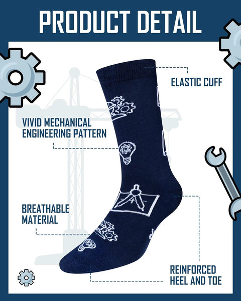 Six Pairs Mens Novelty Engineering Socks Set With Compasses Protractors Gears And Wrenches Cotton Crew Dress Socks Product Detail