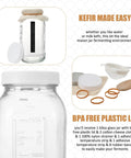 All In One Kefir And Kombucha Fermentation Kit For Home Brew With 64 Ounce Wide Mouth Mason Jar Plastic Lid Nylon Mesh Strainer Cheese Cloth Cotton Cover Wood Spoon Thermometer Patch And Rubber Bands displayed
