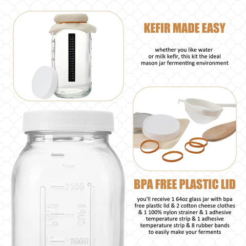 All In One Kefir And Kombucha Fermentation Kit For Home Brew With 64 Ounce Wide Mouth Mason Jar Plastic Lid Nylon Mesh Strainer Cheese Cloth Cotton Cover Wood Spoon Thermometer Patch And Rubber Bands displayed