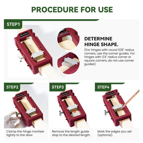 Door Hinge Jig For Router Mortiser Adjustable Three To Five Inches Length And One Quarter Or Five Eighths Inch Hinge Thickness Red DIY Friendly Tool For Precise Gap Free Door And Cabinet Hinge Installations procedure guide