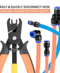 Push To Connect Air Line Disconnect Tool Kit With Release Pliers and color-coded pneumatic hoses and fittings
