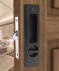 6.3 Inch Privacy Pocket Door Lock Hardware With Key For Double Barn Doors Matte Black Zinc Alloy Construction Silent Lock Body Anti Rust Finish Built To Last And No Fuss To Install on wooden door in bedroom