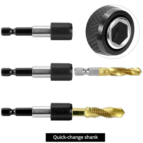 3 In 1 HSS Tap Bit Set 13 Piece SAE And Metric Combo Drill Tap Bits For Drilling, Tapping, And Countersinking close-up view
