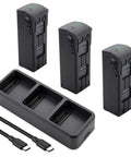Three Pack Mavic 3 Replacement Battery Set With 3 Channel Fast Charger Hub For Mavic 3 Pro Cine Classic E And All 3 Series Drones 5000mAh 15.4V High Capacity Battery Kit With Plug And Play Convenience displayed with USB cables