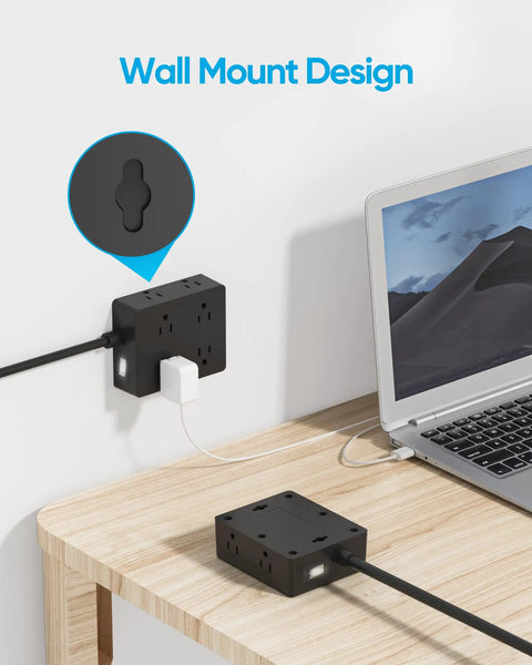 Slim 5 Ft Power Strip With 8 Outlets And 4 USB Ports USB C Included Ultra Thin Flat Plug wall-mounted near a laptop