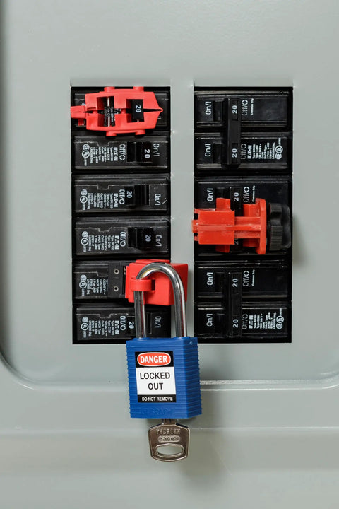 120V Snap On Breaker Lockout Red Pack Of 6 For Electrical Safety And Lockout Compliance in use on black circuit breakers