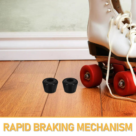Roller Skate Toe Stops And Brake Stoppers With Screws For Quad Skates Replacement Parts For Outdoor Skating And Training Black Brake Blocks With Shock Absorption And Sleek Modern Design next to red-wheeled white skate on wooden floor.