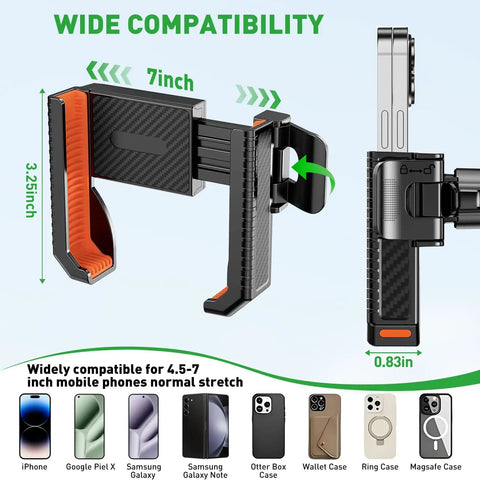 2-In-1 Golf Cart Phone Holder Mount With Magnetic Base And Vise Clamp For 4.5-7 Inch Smartphones, dimensions and compatibility shown.