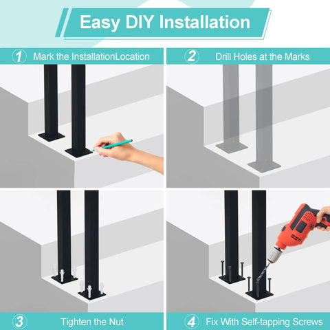 Easy DIY installation steps for Tough As Nails Vertical U Shaped Stair Handrail With Slick Matte Black Finish Forged From Heavy Duty Square Iron.
