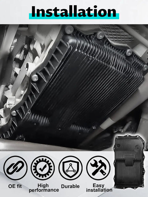 Installation of Transmission Oil Pan Filter And Gasket Kit For 8 Speed Automatic Transmissions on vehicle undercarriage.