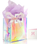 Holographic Gift Bags With Handles And Tissue Paper Sheets Included, Iridescent Transparent Reusable Purple Gift Bags 8 By 7 By 4 Inch