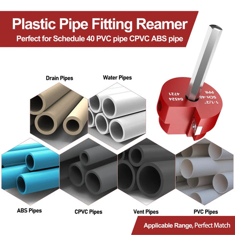 Image showing PVC Pipe Reamer And Fitting Saver With One And A Half Inch Aluminum Head And Three Eighth Inch Hex Shaft Plumbing Tool for Schedule 40 pipes.