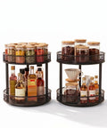 Two Pack Two Tier Lazy Susan Organizer Smooth Rotating Metal Turntable with spices and bottles in black metal design.