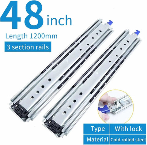 Heavy Duty Three Section Drawer Slides 1 Pair, Rock Solid Steel Cabinet Tracks for Wardrobe and Warehouse Storage, 48 inch rails.
