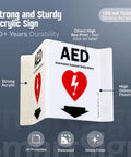 Two Sided Acrylic Aed Sign Built Hard As Nails To Help You Locate Life Saving Gear Fast With Heavy Duty Polished Wall Mount Display Featuring Bold Down Arrow Symbol Indoors Outdoors, showing strong acrylic and high gloss finish.