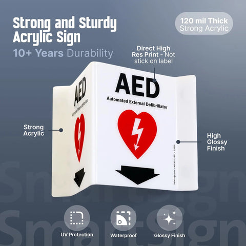 Two Sided Acrylic Aed Sign Built Hard As Nails To Help You Locate Life Saving Gear Fast With Heavy Duty Polished Wall Mount Display Featuring Bold Down Arrow Symbol Indoors Outdoors, showing strong acrylic and high gloss finish.