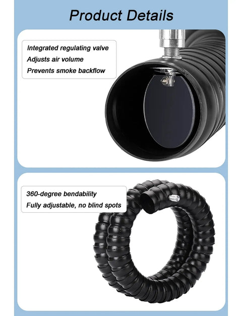 Close-up of heavy duty industrial fume extractor arm with flexible black hose and regulating valve for efficient fume control.
