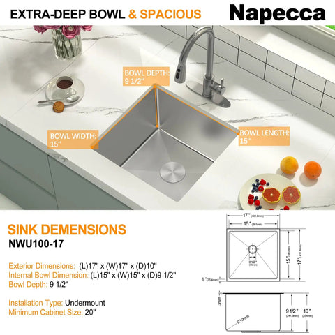 Diagram of Undermount 17 Inch Stainless Steel Bar Sink Real Deal Deep 9.5 Inch Single Bowl Square Small Kitchen Sink dimensions