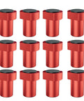 Top Shelf Workhorse Bench Dog Clamps In Twelve Pack Size For Mft Table Systems Featuring Non Slip Grips And Standard Three Quarter Inch Slots For Fast Woodworking Assembly And Heavy Duty Performance twelve red aluminum grip clamps arranged in two rows, showing non-slip tops, perfect for woodworking tasks.