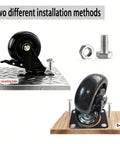 Installation methods of Built Tough 4 Inch Industrial Swivel Caster Wheels With Slam Lock Brakes on metal and wood surfaces.