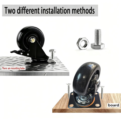 Installation methods of Built Tough 4 Inch Industrial Swivel Caster Wheels With Slam Lock Brakes on metal and wood surfaces.