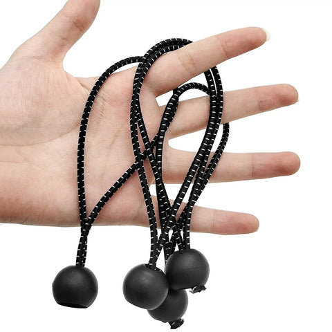 Hand holding 50 Pack 6 Inch Bungee Cords With Balls For Camping Tents Tarps Canopies And Outdoor Gear Elastic String Ties UV Resistant