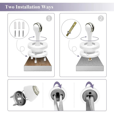 Keep Doors Open With Heavy Duty Magnetic Door Stops, white wall and floor mount set, showing two installation methods.