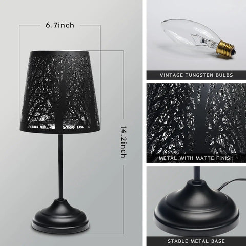 3 Level Dimmable Touch Table Lamp Black Metal Tree Pattern Shadow Bedside Cozy Night Light For Kids Vintage Accent Decor For Bedroom Living Room Mood Lighting In Small Spaces, showing black lamp with tree shadow shade, height of 14.2 inches, stable metal base, and vintage tungsten bulb.
