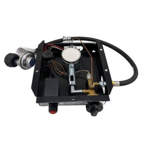 Pyramid Style Three Bolt Patio Heater Glass Tube Control Box Assembly For 47,000 BTU Units shown with propane regulator and hose