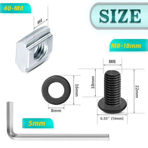 Components of the 20 Piece 4040 Aluminum Extrusion Profile Heavy Duty Connector Kit With Corner Brackets Built To Last And M8 T Slot Nuts Bolts And Wrench
