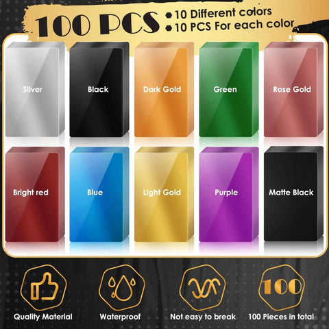 100 Piece Colorful Aluminum Engraving Blanks For Laser Etching 86 X 54 mm 0.21 mm Thick, showing ten color options including gold, green, and blue.